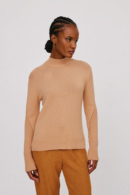 Blusa tricot gola manga canelada bege sisal