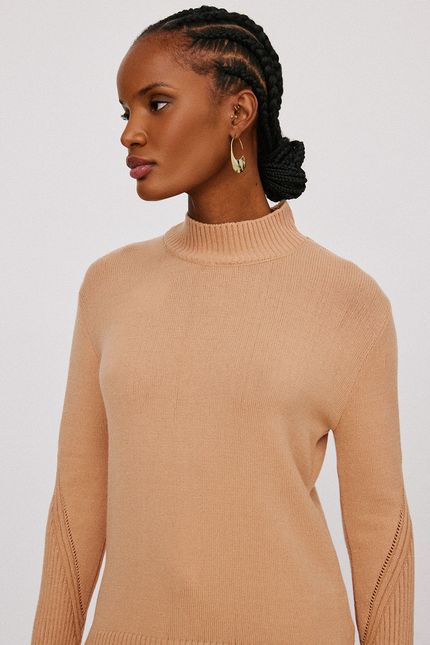 Blusa tricot gola manga canelada bege sisal