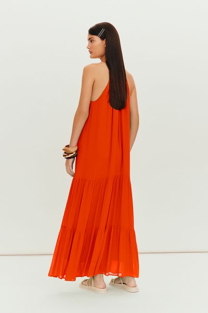 Vestido crepe leve camadas laranja tropical
