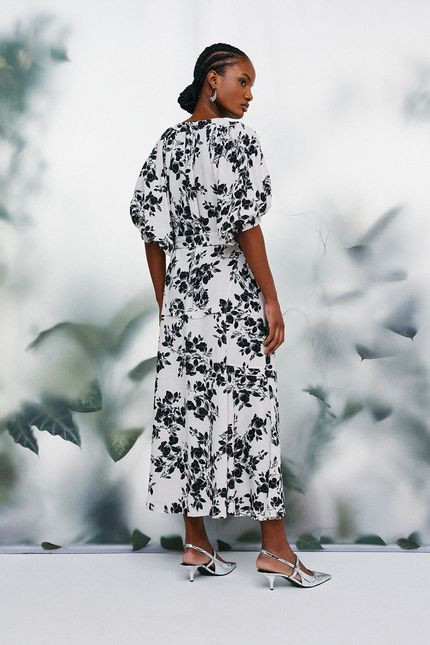 Vestido recortes floral pb bege natural