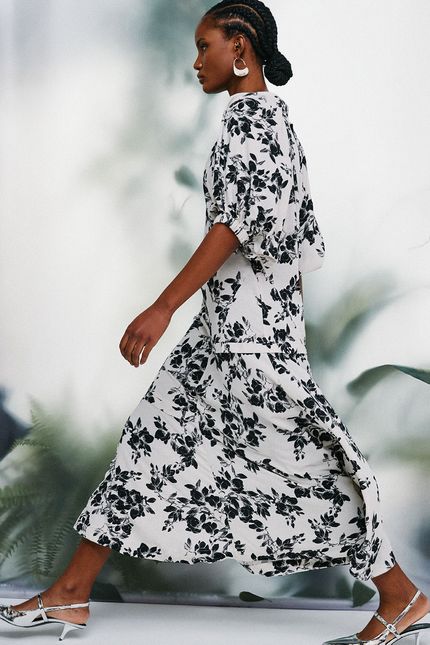 Vestido recortes floral pb bege natural