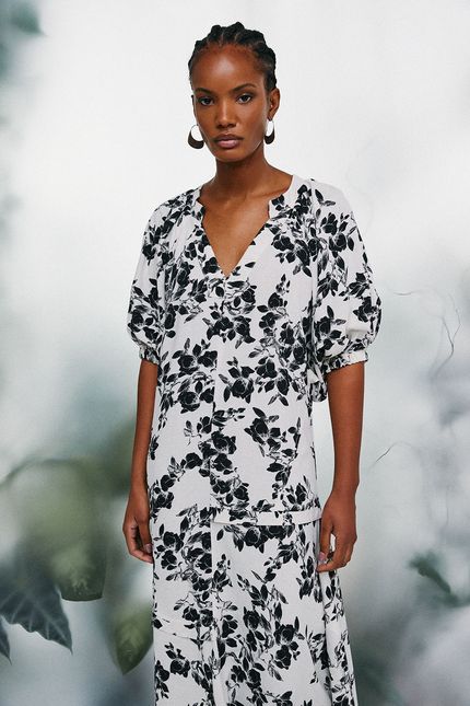 Vestido recortes floral pb bege natural