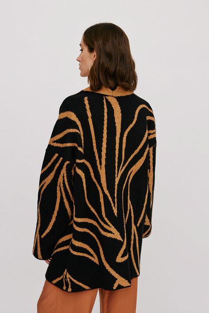 Casaco tricot folhagem maxi preto