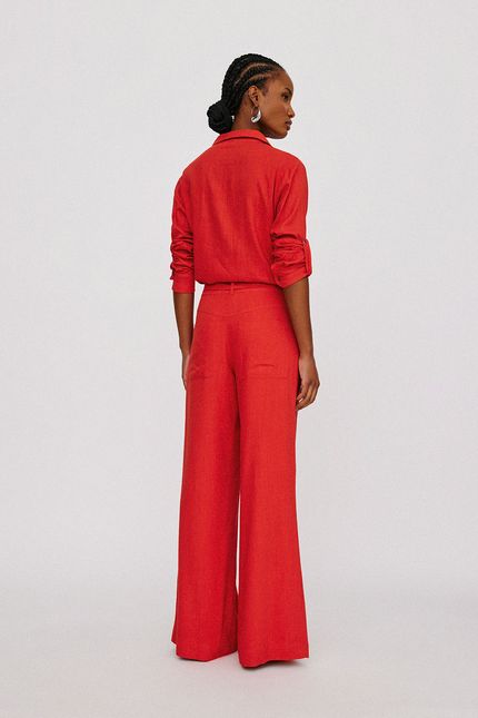 Calça linho slub faixa vermelho papoula