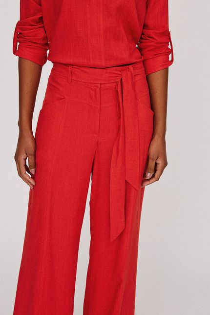 Calça linho slub faixa vermelho papoula