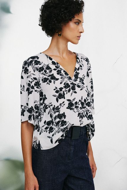 Blusa manga floral pb bege natural