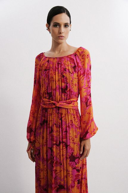 Vestido transpasse hibisco vinho urucum