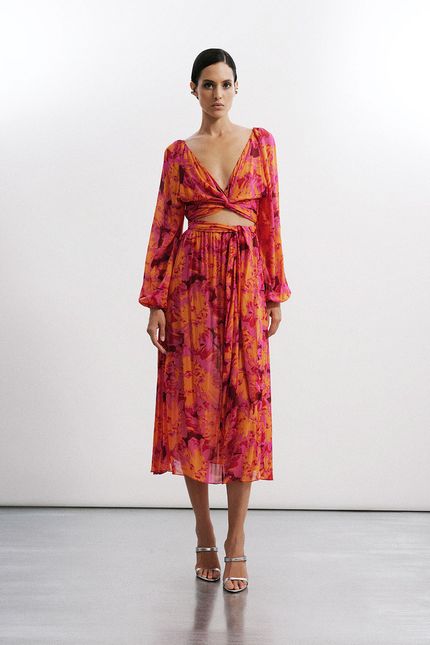 Vestido transpasse hibisco vinho urucum