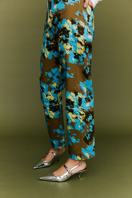 Calça denim reta floral ikat verde cedro