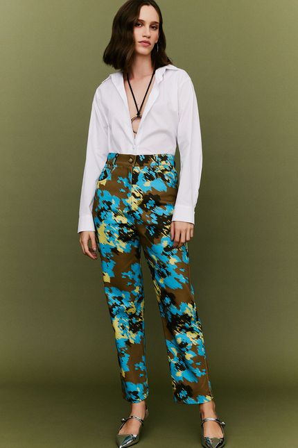 Calça denim reta floral ikat verde cedro