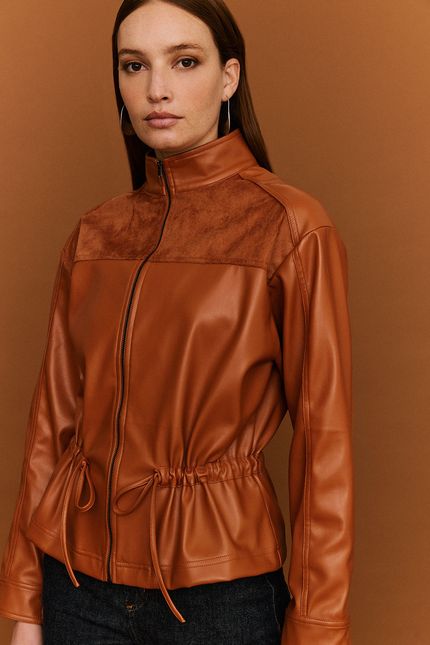 Casaco like leather ajuste cintura caramelo