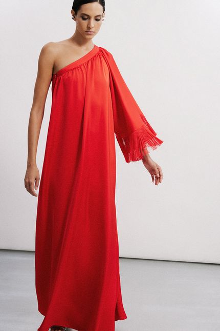 vestido festa maxi ombro vermelho papoula