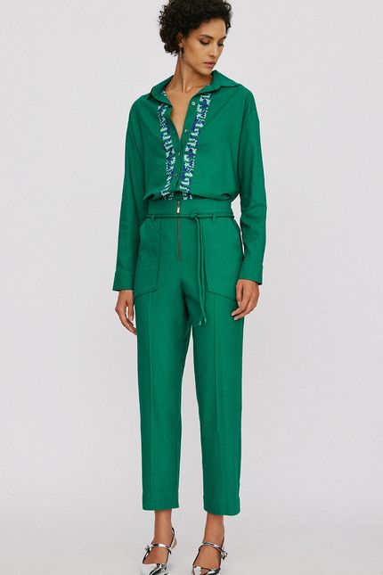 Calça linho bolso vivo verde amazonia