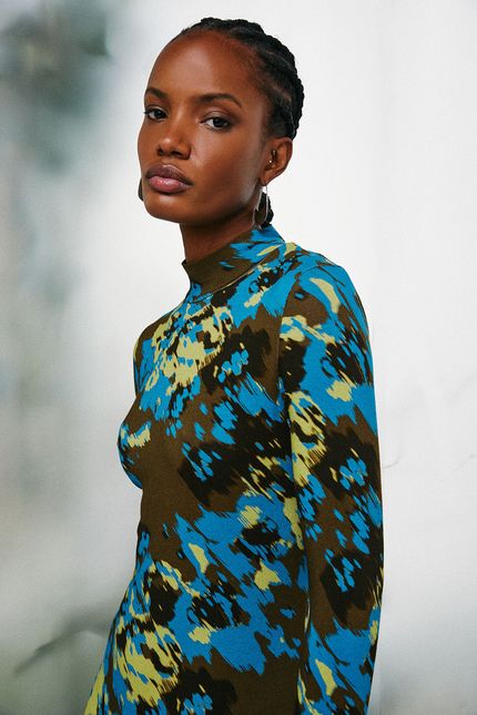 Vestido gola floral ikat verde cedro