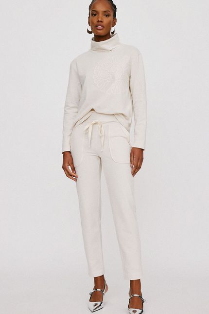 Blusa trama gola bordada bege palha