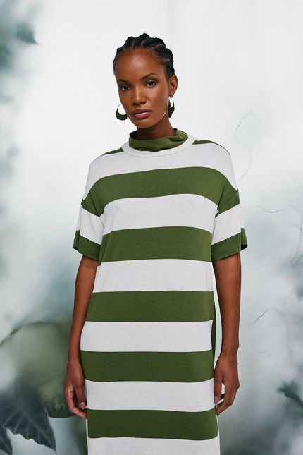 Vestido linen listrado fenda verde oliva