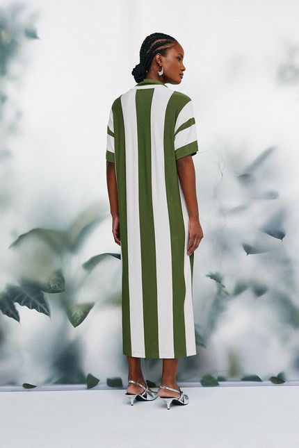 Vestido linen listrado fenda verde oliva