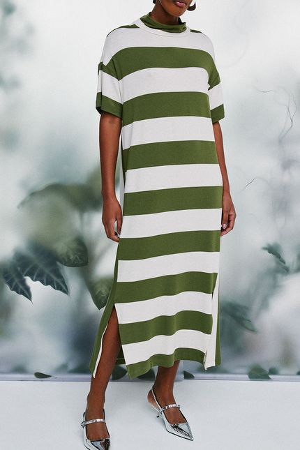 Vestido linen listrado fenda verde oliva