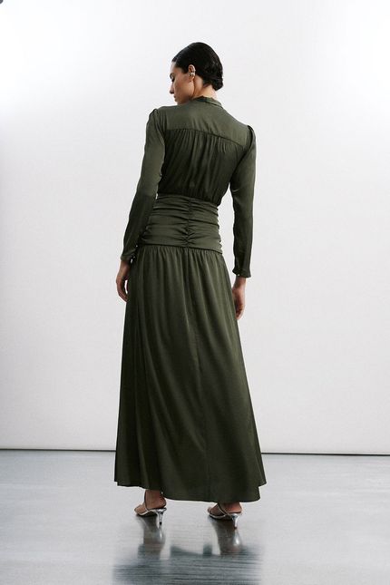 Vestido festa pala drapeada verde oliva