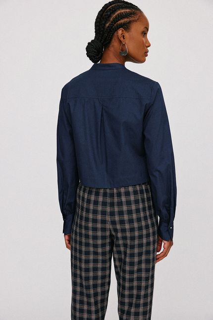 Blusa tricoline crop manga azul noturno