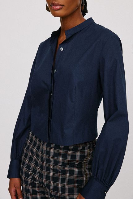 Blusa tricoline crop manga azul noturno