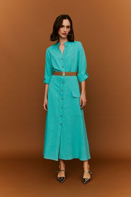 Vestido linho pespontos azul agua