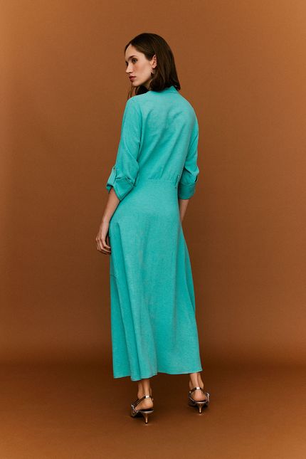Vestido linho pespontos azul agua