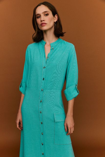 Vestido linho pespontos azul agua
