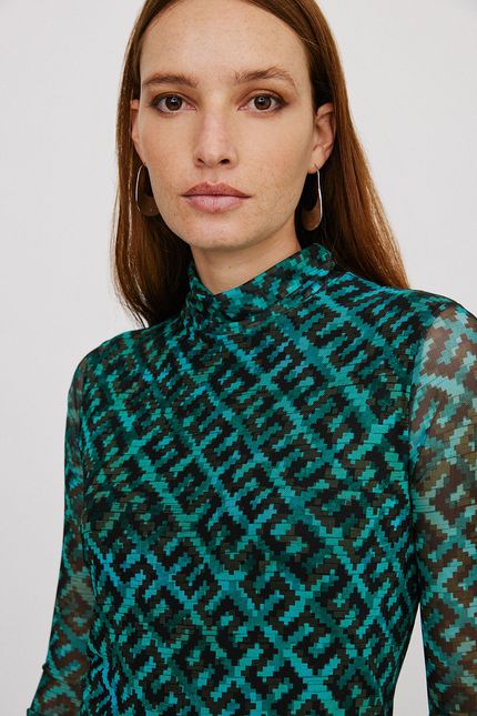 Vestido gola tule cestaria azul agua