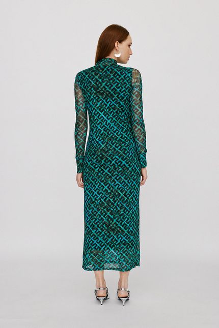 Vestido gola tule cestaria azul agua