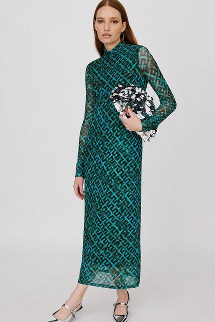 Vestido gola tule cestaria azul agua