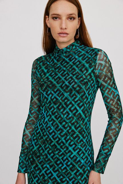 Vestido gola tule cestaria azul agua