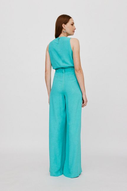 Calça linho pantalona pesponto azul agua