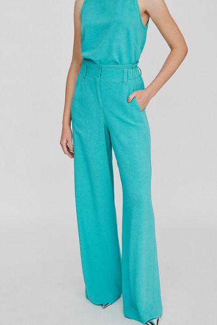 Calça linho pantalona pesponto azul agua