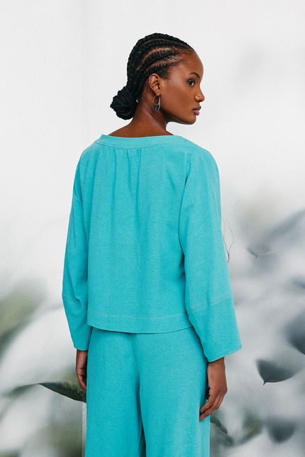 blusa linho pala azul agua