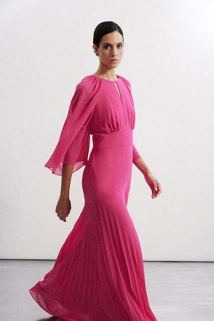 Vestido festa maxi plissado rosa caroa