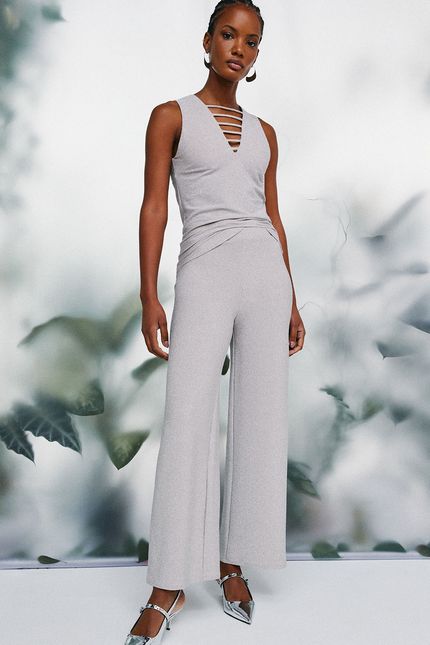 Calça lurex cropped prata