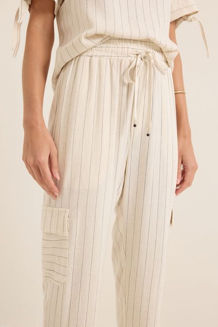 Calça linho natural listra bege natural