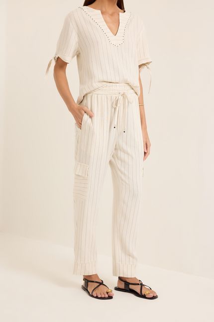 Calça linho natural listra bege natural