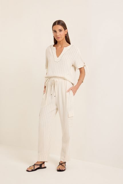 Blusa linho natural listra bege natural
