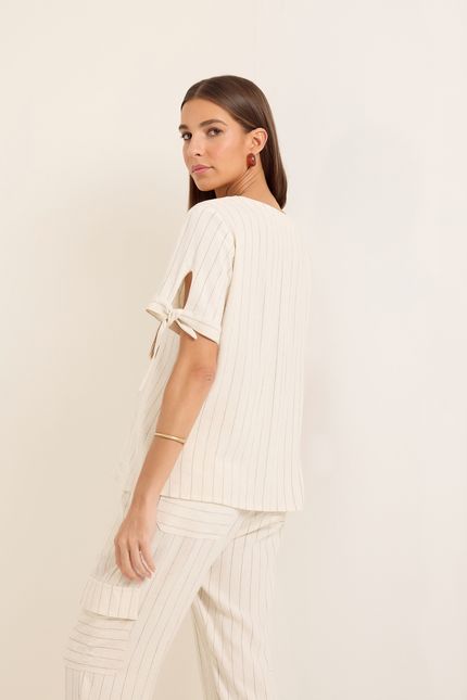 Blusa linho natural listra bege natural