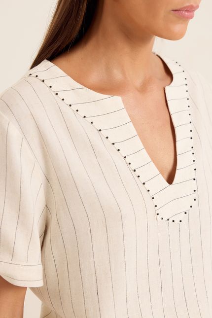 Blusa linho natural listra bege natural