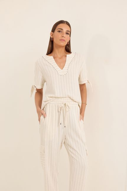 Blusa linho natural listra bege natural