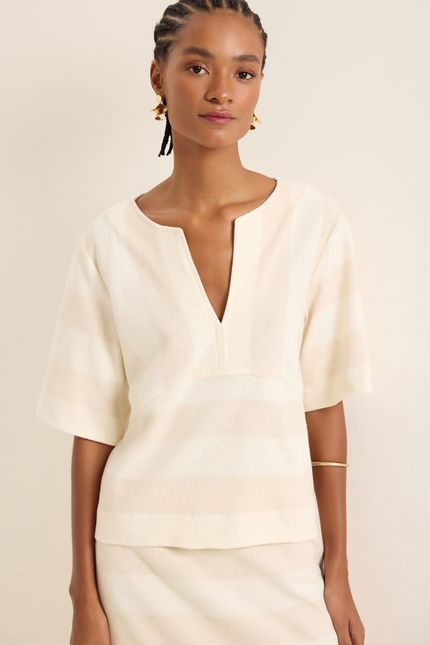Blusa linen listrada bege natural