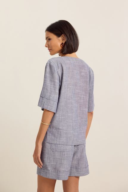 Blusa canoa linho indigo azul atlantico