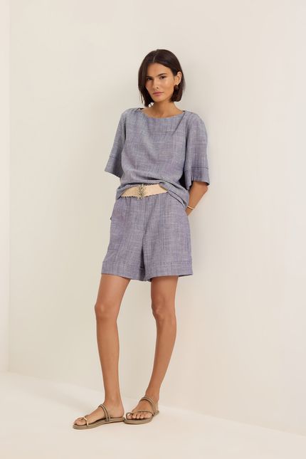 Blusa canoa linho indigo azul atlantico
