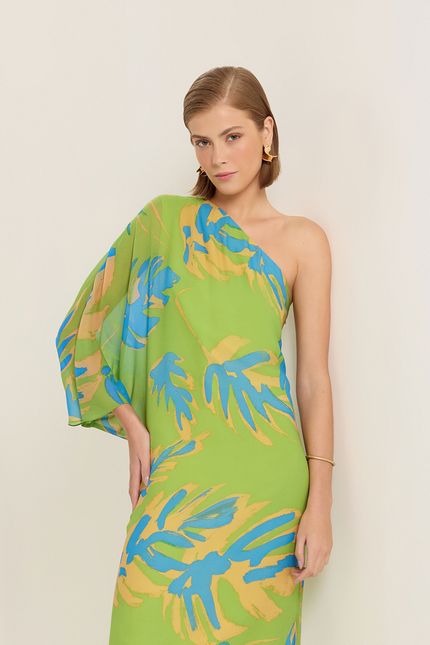 vestido curto manga ampla tropical verde jardim