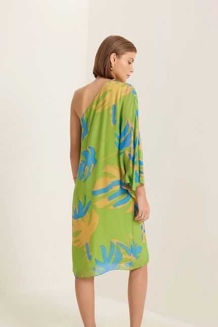 vestido curto manga ampla tropical verde jardim