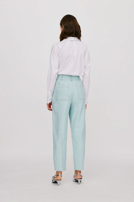 Calça linho recorte lateral  azul aquamarine