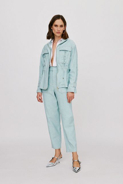 Casaco linho bolso amarração azul aquamarine